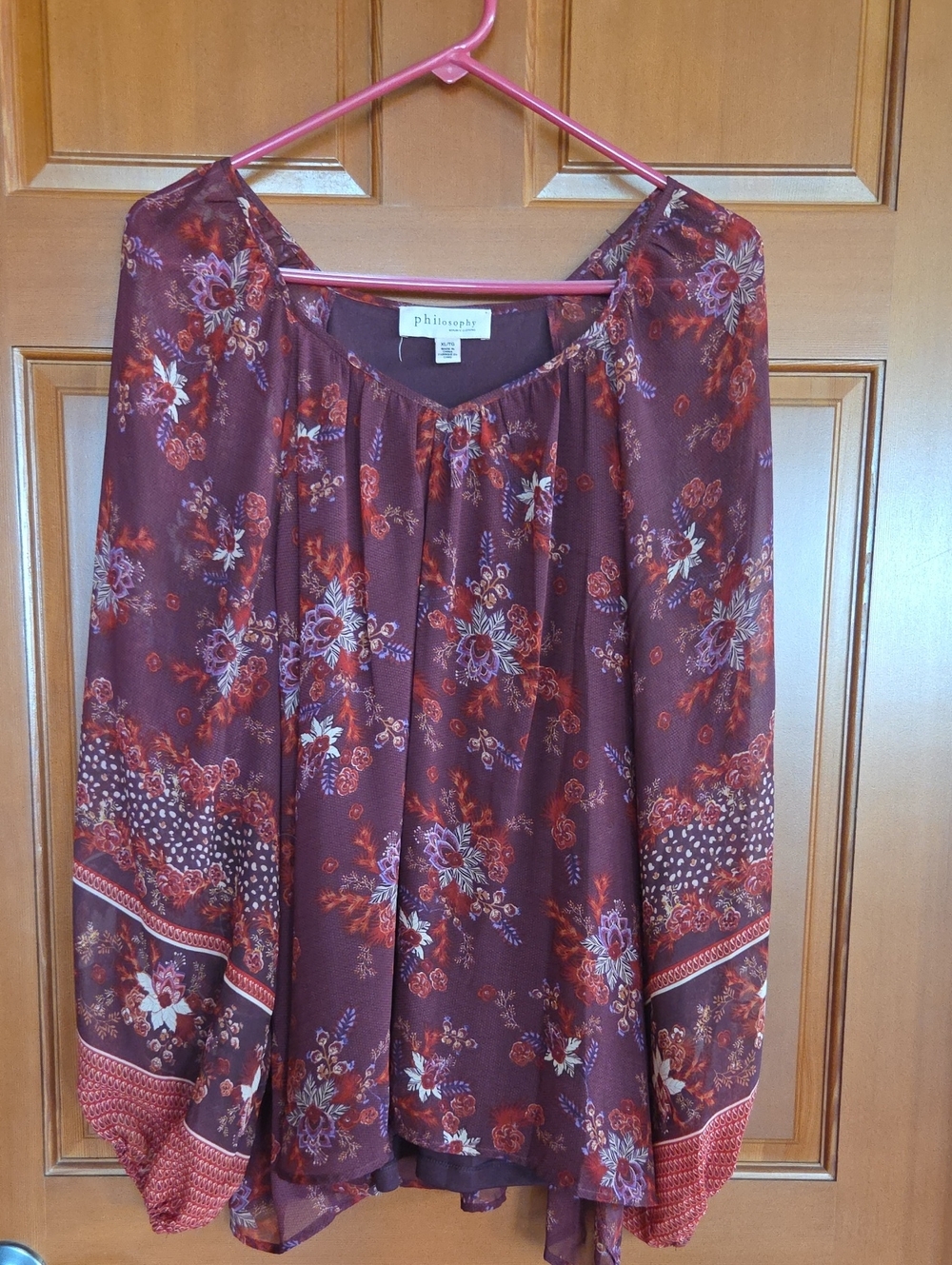Philosophy XL Burgundy Floral Peasant Blouse with Rust Accents PtP 19" L 29"